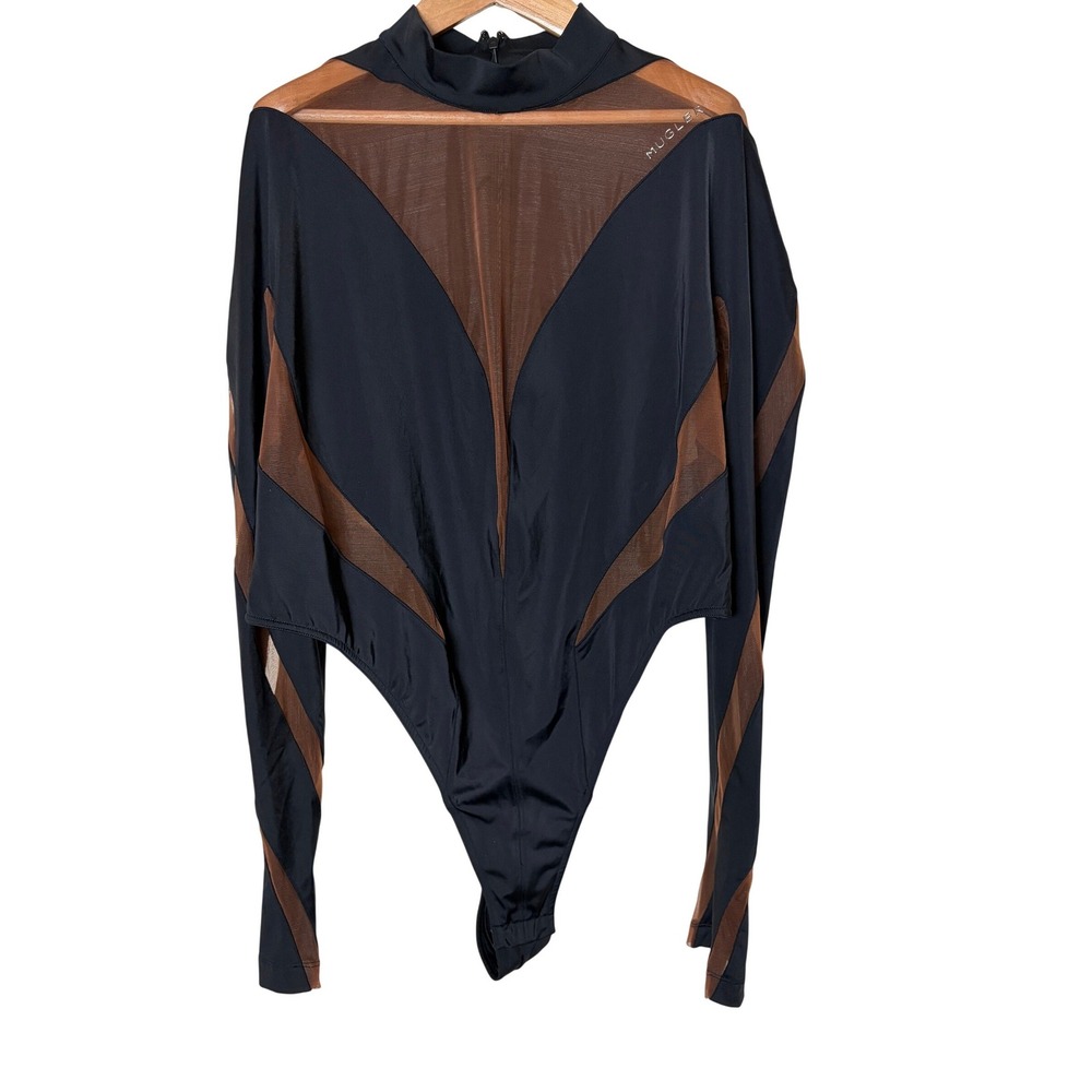 Mugler H&M Mesh Panelled Bodysuit Black Tan Long Sleeve XXL Spiral Mock Neck